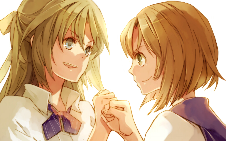 00s 2girls ayko bad_id bad_pixiv_id blue_eyes brown_hair fist_bump green_eyes green_hair hair_ribbon half_updo higurashi_no_naku_koro_ni long_hair matsuribayashi-hen multiple_girls necktie oono_eiko ribbon ryuuguu_rena school_uniform short_hair smile sonozaki_shion