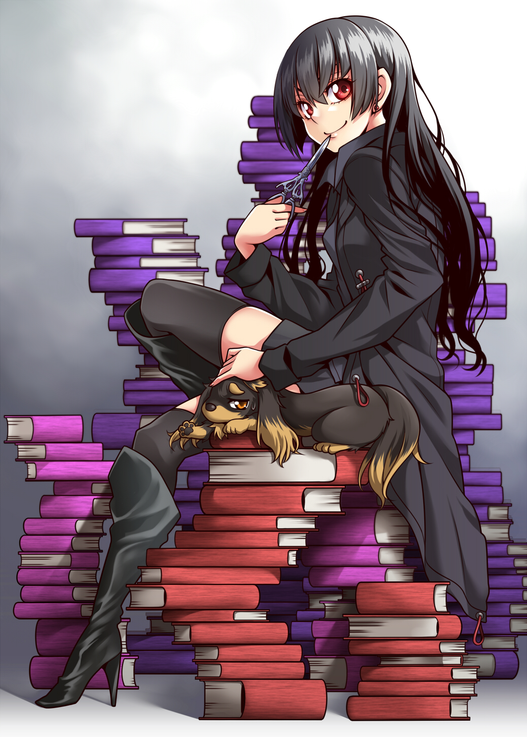 10s 1girl black_hair black_thighhighs book boots coat dog earrings from_side harumi_kazuhito headpat high_heel_boots high_heels highres hime_cut inu_to_hasami_wa_tsukaiyou jewelry long_hair looking_at_viewer natsuno_kirihime red_eyes scissors sitting smile stud_earrings thighhighs uousa-ou