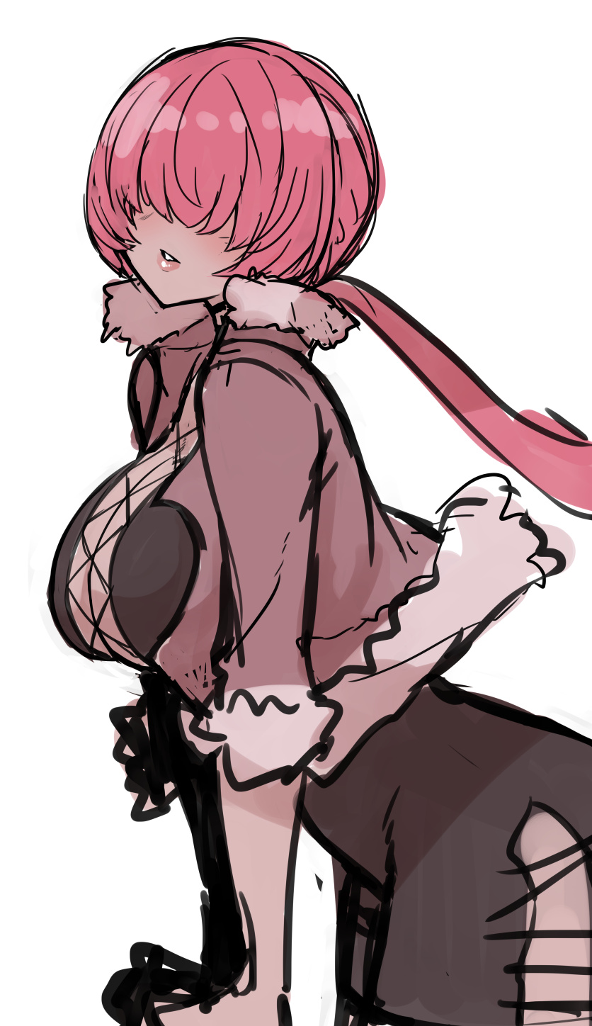1girl _smiyao breasts cleavage dress female_focus fluffy highres huge_breasts jacket large_breasts long_hair pale_skin ponytail red_hair shermie_(kof) skirt snk sumiyao_(amam) the_king_of_fighters thick_thighs thighs