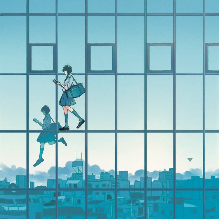 1girl bad_id bad_twitter_id black_hair black_shoes blue_bag blue_skirt blue_socks cellphone city cityscape dawn different_reflection floating from_side holding holding_phone jpeg_artifacts looking_at_phone original phone pleated_skirt reflection shoes skirt sky smartphone socks solo window yuki_kurita