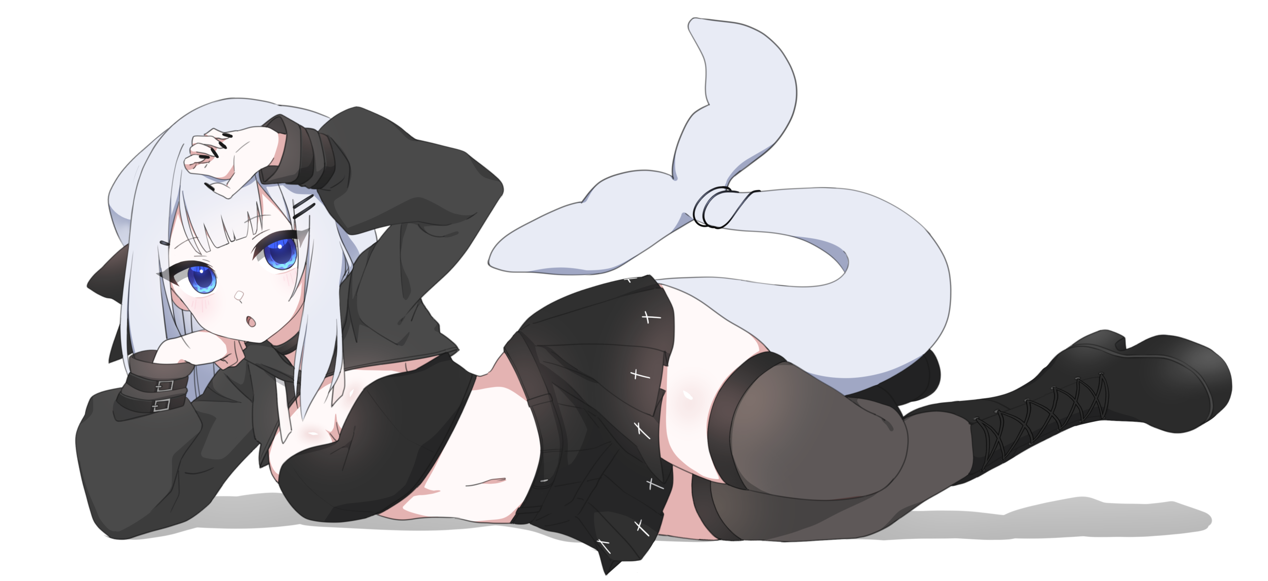 beluga_whale black_boots black_hoodie black_nails blue_eyes bluenamie boots buckle cetacean_tail cross drawstring fins fish_tail goth_fashion hair_ornament hairpin hand_to_head highres hood hoodie indie_virtual_youtuber multiple_hairpins navel nekoromancer see-through_clothes see-through_legwear tail thighhighs white_hair