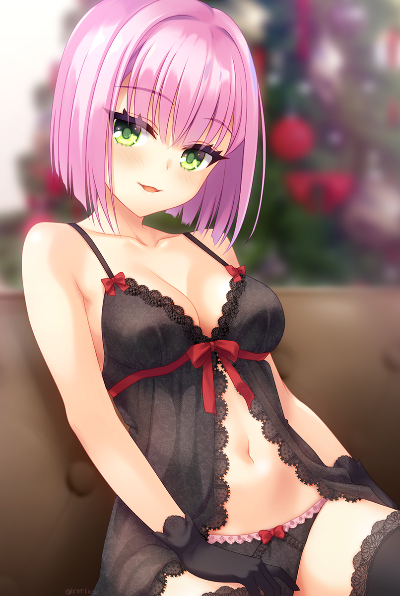 1girl :d arms_at_sides babydoll bare_shoulders black_babydoll black_gloves black_panties black_thighhighs blunt_ends blurry blurry_background blush bob_cut bow bow_babydoll bow_panties breasts christmas christmas_tree cleavage collarbone commentary_request couch cowboy_shot curvy eyelashes eyes_visible_through_hair gloves green_eyes hair_between_eyes heart heart_in_eye highres indoors irori_(irorixc) looking_at_viewer medium_breasts navel on_couch open_mouth paid_reward_available panties pink_hair red_bow short_hair sitting smile solo spaghetti_strap straight_hair symbol_in_eye tanikaze_amane tenshi_souzou_re-boot! thighhighs tsurime twitter_username underwear