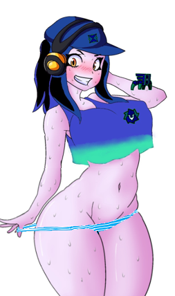 bigtits black_hair blue_streaks blush cap covered_erect_nipples curvy gradient_clothes gradient_shirt headphones lowres orange_eyes panties panty_pull shirt sky_blue_panties striped_clothes striped_panties underwear