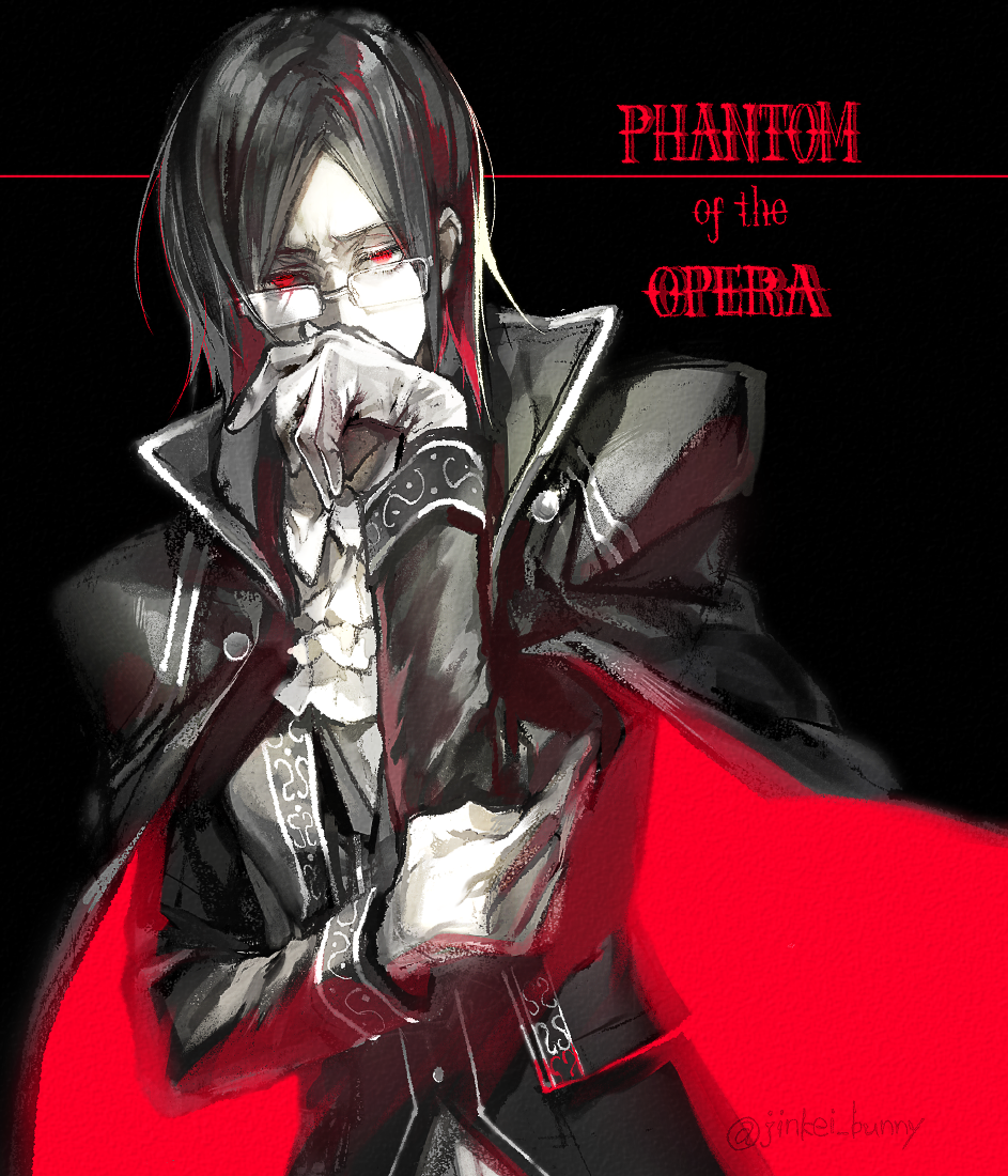 1boy ascot bad_id bad_pixiv_id bishounen black_hair cape covering_own_mouth fate/grand_order fate_(series) glasses gloves high_collar koshika_rina male_focus phantom_of_the_opera_(fate) red_eyes solo white_gloves