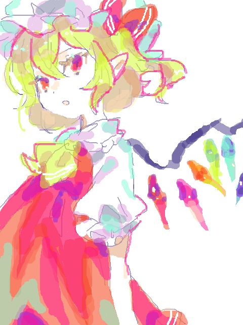 1girl :o arm_at_side ascot blonde_hair bow commentary crystal dot_nose eyelashes flandre_scarlet frilled_shirt_collar frilled_sleeves frills from_side hair_between_eyes hat hat_bow jaggy_lines looking_at_viewer looking_to_the_side mob_cap oekaki oimo_(14sainobba) one_side_up parted_lips pointy_ears puffy_short_sleeves puffy_sleeves red_bow red_eyes short_hair short_sleeves simple_background slit_pupils solo symbol-only_commentary tegaki touhou upper_body white_background white_hat wing_collar wings yellow_ascot