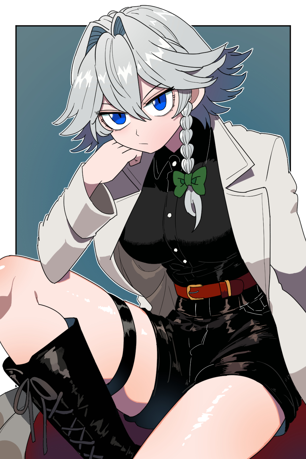 1girl :/ alternate_costume belt black_boots black_shirt black_shorts blazer blue_eyes bollzzalguy boots bow braid breasts closed_mouth collared_shirt green_bow grey_background grey_hair hair_bow hair_intakes hashtag-only_commentary head_rest highres izayoi_sakuya jacket knee_boots large_breasts long_sleeves looking_at_viewer shirt shorts side_braid single_braid solo thigh_strap touhou v-shaped_eyebrows white_jacket