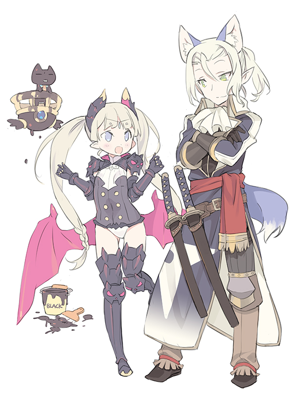 1boy 1girl alternate_hair_length alternate_hairstyle animal_ears bishounen blade_(galaxist) blonde_hair blue_eyes blush boots brad_wolfhaus brad_wolfhaus_(cosplay) cat circlet commentary cosplay elf erik_burton extra_ears full_body green_eyes horns juno_bernal katana long_hair low_wings open_mouth paint pointy_ears ponytail pop-up_story shiroe_adele smile standing standing_on_one_leg sword tail thigh_boots thighhighs twintails v-shaped_eyebrows volteria_dig_platidity volteria_dig_platidity_(cosplay) weapon wings wolf_ears wolf_tail