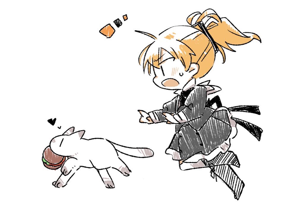 1girl andou_tazusa animal assault_lily black_boots black_ribbon black_skirt blonde_hair blush boots burger cat chasing commentary cropped_jacket food food_in_mouth food_theft frilled_skirt frills from_side full_body hair_ribbon hands_up heart high-waist_skirt high_ponytail leg_up looking_at_animal looking_down miniskirt mouth_hold neck_ribbon notice_lines open_mouth outstretched_arms ponytail profile ribbon running school_uniform short_hair simple_background skirt solo sweatdrop symbol-only_commentary teeth thighhighs toyo_(sameden46) upper_teeth_only white_background white_thighhighs yurigaoka_girls_academy_school_uniform |_|