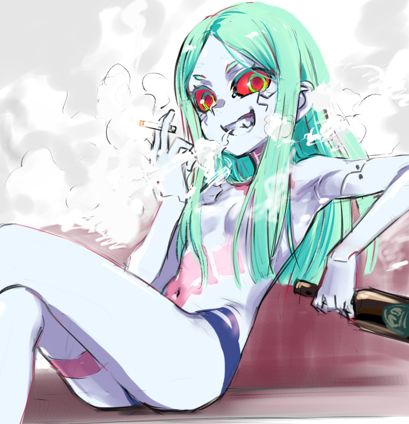 1girl 774_(nanashi) alcohol aqua_hair blunt_ends bottle breasts cigarette colored_sclera colored_skin commentary crossed_legs cyberpunk_(series) cyberpunk_edgerunners fang grin hair_censor hair_over_breasts holding holding_bottle holding_cigarette leg_tattoo long_hair navel neck_tattoo panties parted_bangs petite rebecca_(cyberpunk) reclining red_sclera sketch small_breasts smile smoke smoking solo stomach_tattoo tattoo teeth topless_female underwear underwear_only white_skin