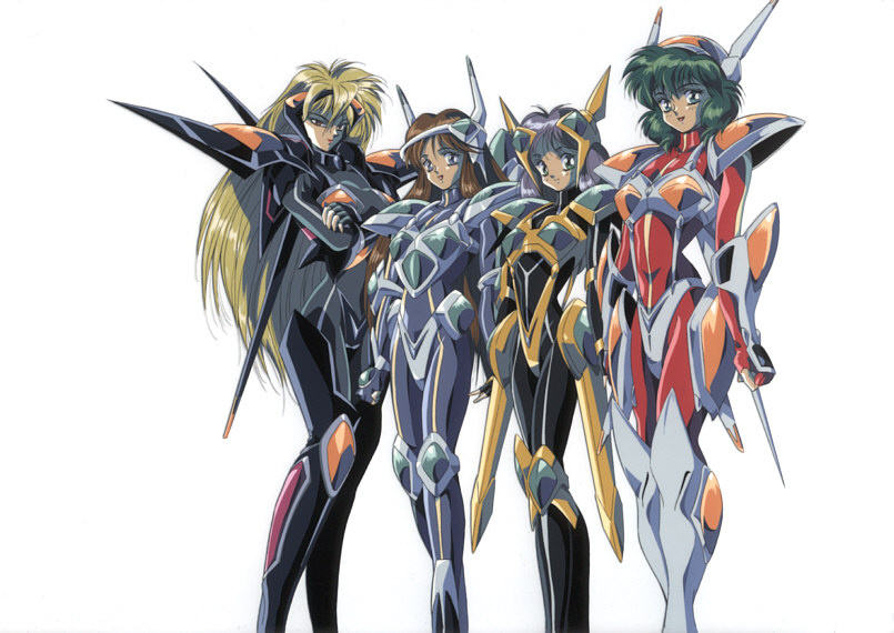 1990s_(style) 4girls armor bodysuit cel female_focus hanken headgear hirano_toshihiro iczelion iczer_(series) iczer_series ikusa_girl_iczelion long_hair mecha_musume multiple_girls official_art open_mouth power_suit retro_artstyle shitajiki short_hair smile standing