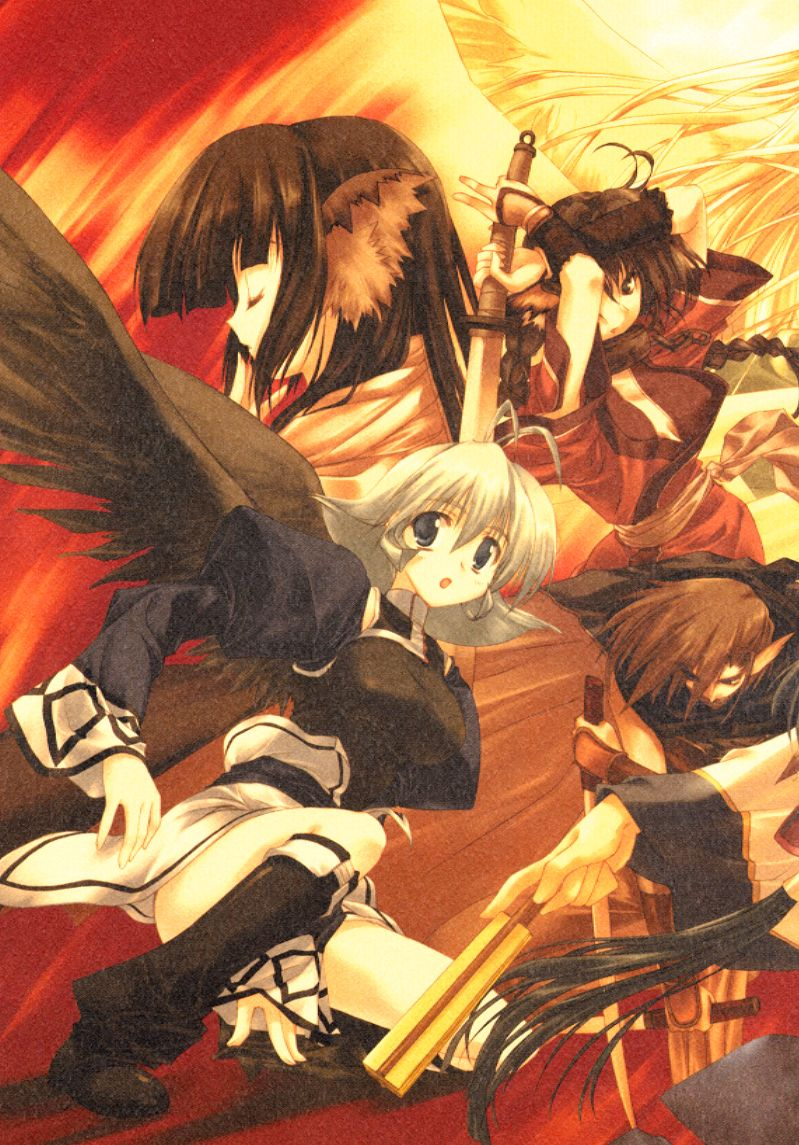 1boy 3girls benawi camyu karulau lossy-lossless multiple_girls sword utawarerumono weapon yuzuha_(utawarerumono)