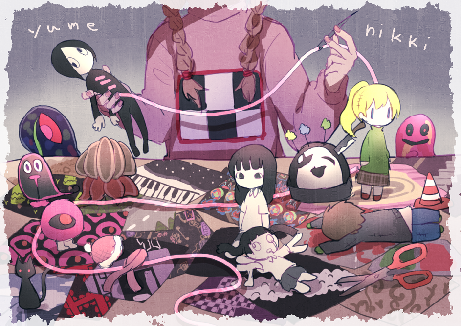 braid commentary_request kitchen_knife kyukkyu-kun long_hair madotsuki monoe monoko multiple_boys multiple_girls niigo pink_shirt poniko sekomumasada_sensei shirt short_hair sweater twin_braids twintails uboa yume_nikki