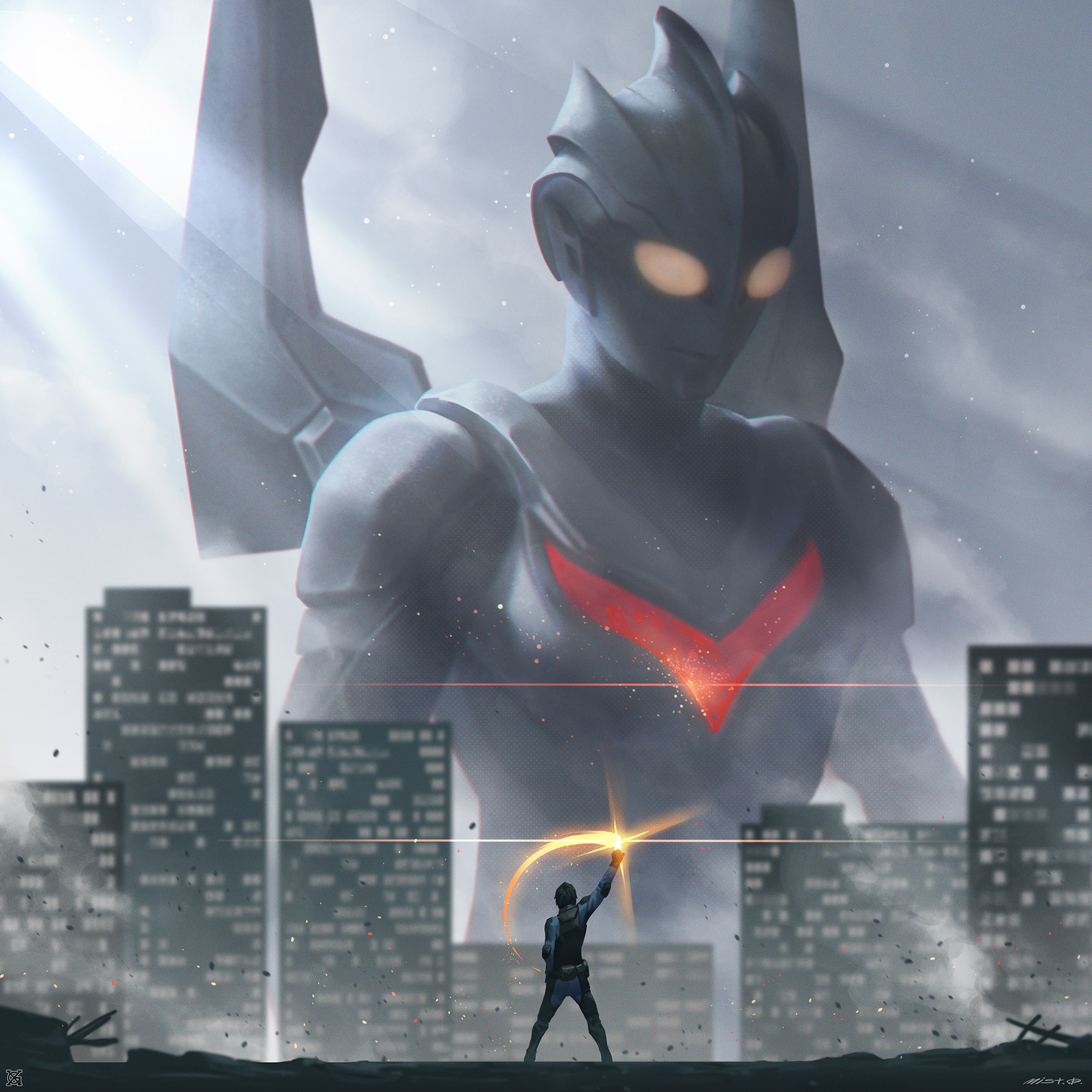 2boys alien arm_up black_hair black_pants blue_jacket blue_pants building city cityscape cloud cloudy_sky color_timer colored_skin commentary dark_clouds day debris dorsal_fin english_commentary evoltruster hand_up highres holding jacket komon_kazuki lens_flare looking_down male_focus multiple_boys night_raiders_uniform outdoors pants signature silver_skin sky smear_frame sunlight tokusatsu tsuburaya_productions ultra_series ultraman_nexus_(series) ultraman_noa wind wings xiaoguimist