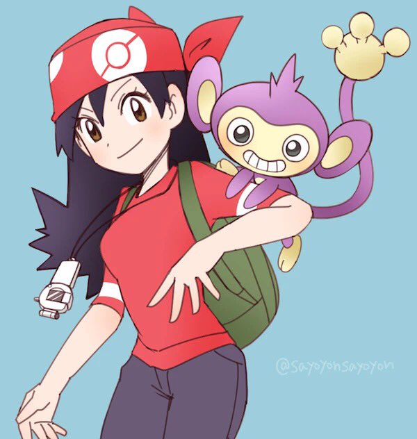 1girl aipom bandana black_hair breasts creature denim eyelashes gen_2_pokemon hair_between_eyes jeans lisa_(pokemon) long_hair looking_at_viewer nintendo pants pokegear pokemon pokemon_(anime) pokemon_(classic_anime) pokemon_(creature) pokemon_3:_the_movie_-_spell_of_the_unown:_entei pokemon_on_arm red_bandana sayoyonsayoyo short_sleeves simple_background smile standing twitter_username yellow_eyes