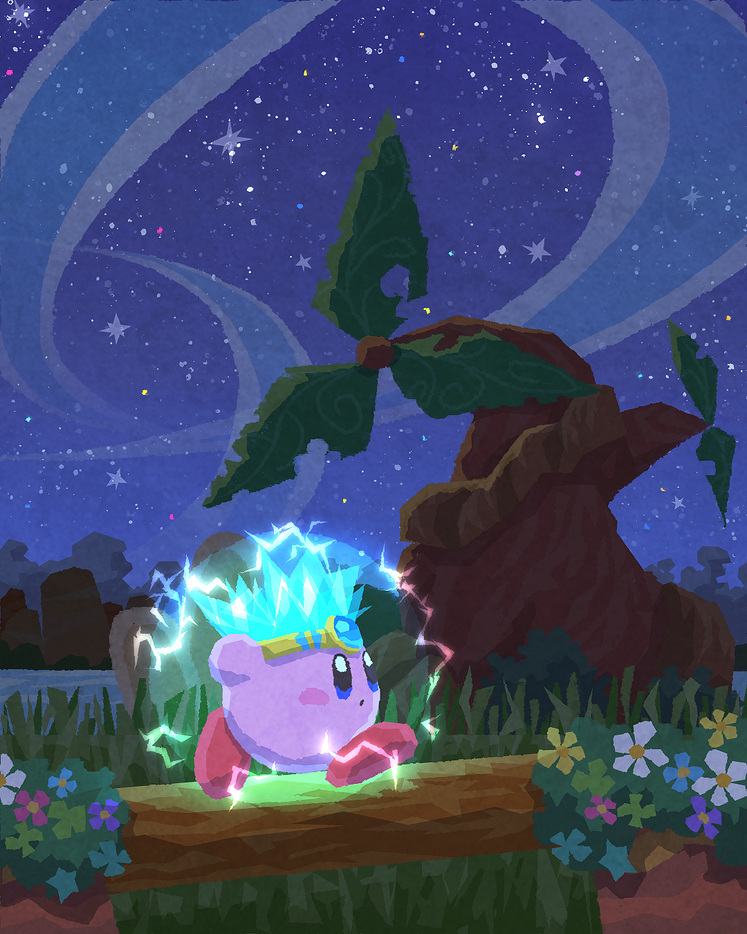 blush_stickers flower glowing grass highres kirby kirby_(series) log miclot night night_sky nintendo no_humans outdoors sky spark_kirby star_(sky) starry_sky tree water