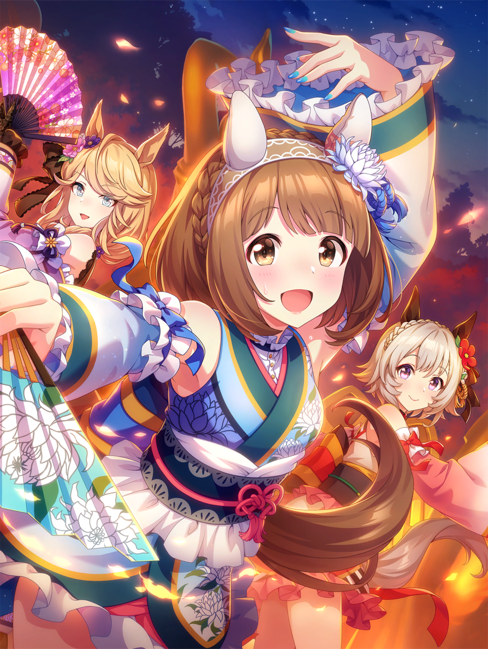 3girls absurdres animal_ears blonde_hair blush brown_hair cloud curren_chan_(miss_sad_;_miss_beautiful)_(umamusume) curren_chan_(umamusume) detached_sleeves gold_city_(akizakura_danzatrice)_(umamusume) gold_city_(umamusume) headband highres horse_ears horse_girl horse_tail japanese_clothes kimono looking_at_viewer medium_hair multiple_girls nail_polish night official_art short_hair silver_hair sky star_(sky) starry_sky tail umamusume yukata yukino_bijin_(illuminate_the_evening_with_a_votive_dance)_(umamusume) yukino_bijin_(umamusume)