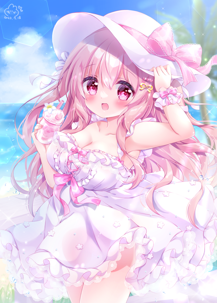 1girl armpits bare_shoulders blush breasts chiika_(cure_cherish) cleavage collarbone dress frilled_dress frilled_skirt frills hair_between_eyes hair_ornament hairpin hand_up hat holding holding_unworn_clothes holding_unworn_hat lace lace-trimmed_skirt lace_skirt lace_trim large_breasts long_hair looking_at_viewer looking_to_the_side no_bra open_mouth original pink_dress pink_eyes pink_hair pink_hat pink_ribbon ribbon see-through_clothes see-through_dress skirt sleeveless smile summer sundress thighs tia_(chiika_cure_cherish) two_side_up unworn_hat unworn_headwear very_long_hair water_drop white_dress white_ribbon wind wind_lift wrinkled_fabric
