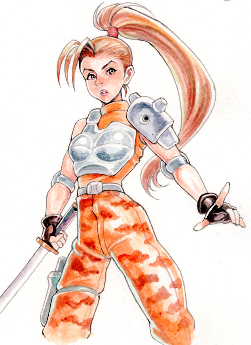 1girl alien_(series) alien_vs._predator armor brown_eyes brown_hair fingerless_gloves gloves highres katana linn_kurosawa long_hair looking_at_viewer maou_alba ponytail predator_(series) shoulder_pads simple_background solo sword weapon white_background