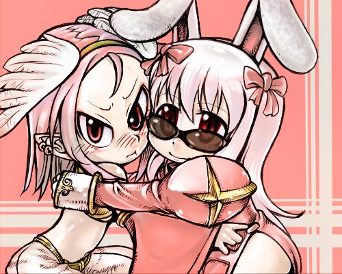 2000s_(style) 2girls :t animal_ears asakawa_remon bikini black-framed_eyewear blush bow closed_mouth commentary_request cowboy_shot detached_sleeves dress earrings fake_animal_ears fake_wings feathered_wings frown gypsy_(ragnarok_online) hair_bow head_wings high_priest_(ragnarok_online) hug jewelry juliet_sleeves long_hair long_sleeves looking_at_viewer looking_to_the_side lowres medium_hair multiple_girls navel painttool_sai_(medium) pink_background pink_bow pink_dress pink_hair pointy_ears puffy_sleeves purple_eyes rabbit_ears ragnarok_online red_eyes smile sunglasses swimsuit v-shaped_eyebrows wings yellow_bikini