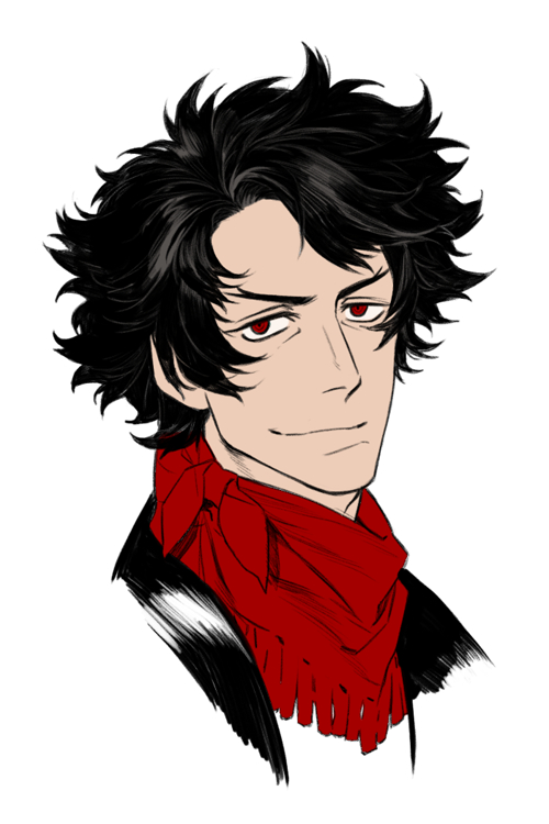 1boy bandana bandana_around_neck black_hair black_jacket classicaloid closed_mouth commentary_request cropped_shoulders jacket looking_at_viewer ludwig_van_beethoven_(classicaloid) male_focus messy_hair red_bandana ringed_eyes sf_jd short_hair simple_background solo white_background