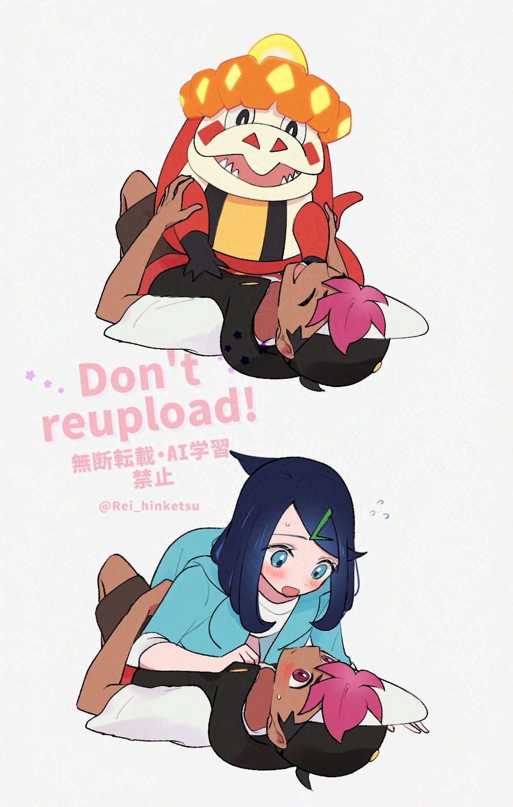 1boy 1girl black_hair black_hat black_vest blush brown_shorts closed_mouth commentary_request cowlick crocalor eye_contact hair_ornament hairclip hat hetero highres liko_(pokemon) looking_at_another lying nintendo on_back open_mouth pink_hair pokemon pokemon_(anime) pokemon_(creature) pokemon_horizons rei_hinketsu roy_(pokemon) shirt short_sleeves shorts sweatdrop swept_bangs t-shirt vest watermark white_shirt