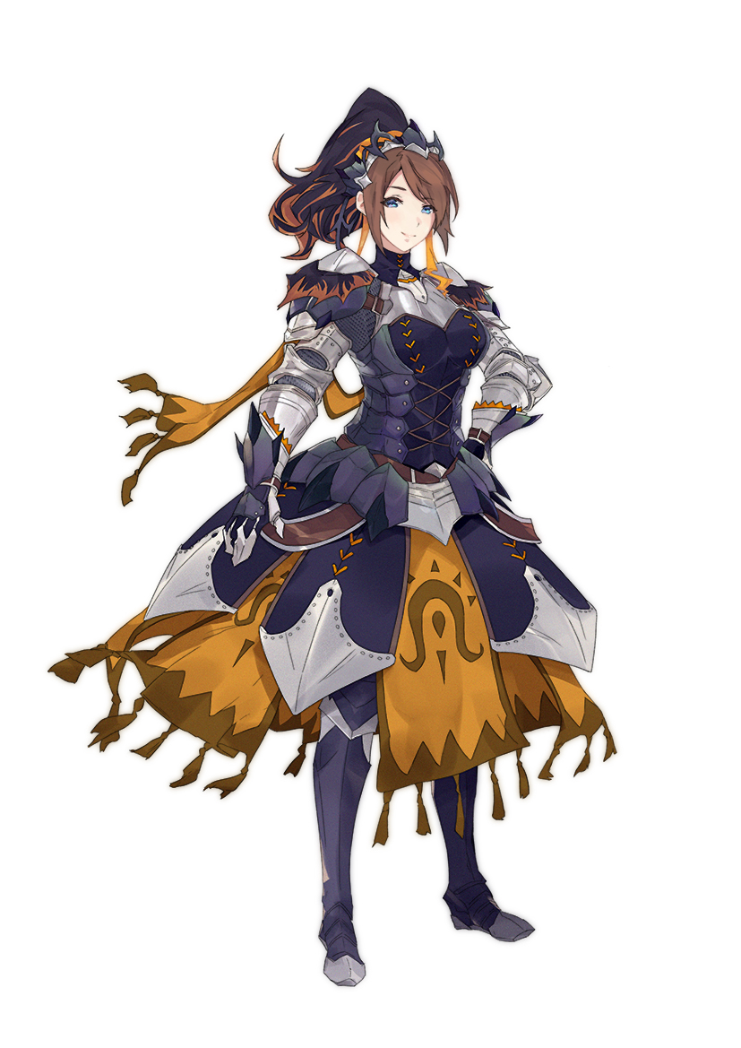 0.7_(aysatnegr) 1girl armor armored_dress blue_eyes breastplate brown_hair commentary_request cross-laced_clothes dress forehead gauntlets greaves hair_ornament hand_on_own_hip legs_apart long_hair looking_at_viewer monster_hunter_(series) monster_hunter_x parted_bangs pointy_nose sash shoulder_armor simple_background smile solo standing white_background