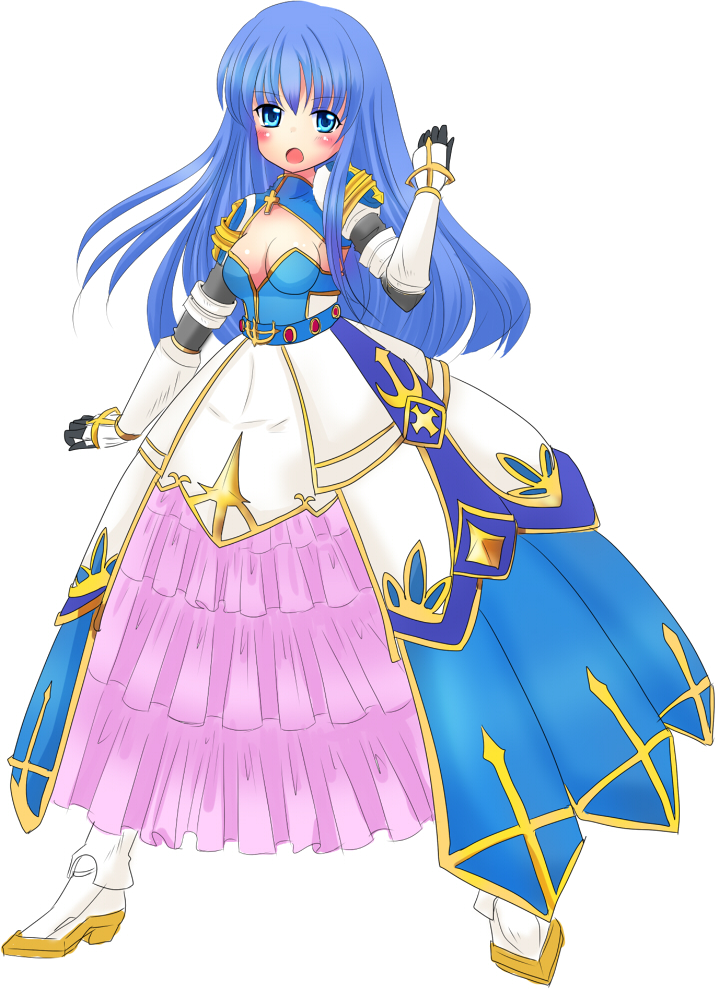 1girl armor armored_boots armored_dress blue_eyes blue_hair blush boots breasts chiyunko_(rna-14-fei) cleavage commentary_request dress faulds full_body gauntlets long_hair looking_at_viewer medium_breasts official_alternate_costume open_mouth pauldrons pink_skirt ragnarok_online royal_guard_(ragnarok_online) shoulder_armor shrug_(clothing) simple_background skirt solo white_background