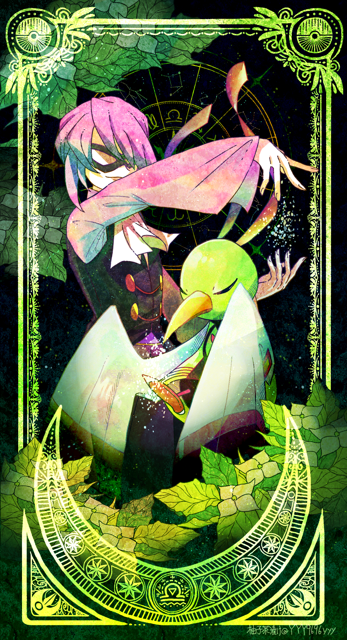 1boy closed_eyes closed_mouth commentary_request creatures_(company) eye_mask flower game_freak gen_2_pokemon gen_3_pokemon highres leaf long_sleeves lunatone male_focus nintendo open_mouth poke_ball_symbol pokemon pokemon_(creature) pokemon_hgss purple_hair sky star_(sky) starry_sky will_(pokemon) xatu yyy9696yyy zodiac
