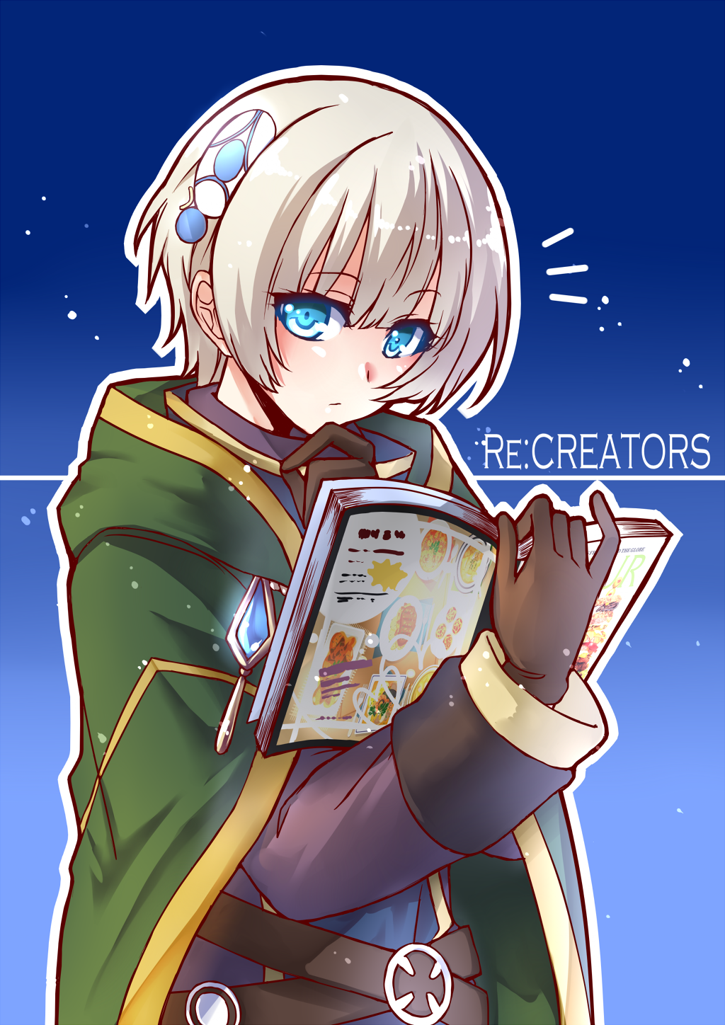 1girl belt black_gloves blue_eyes brown_belt capelet closed_mouth commentary copyright_name crossed_belts dress gloves green_capelet hair_between_eyes hair_ornament hand_on_own_chin highres holding holding_magazine kaikai long_sleeves magazine_(object) meteora_osterreich open_magazine purple_dress re:creators reading short_hair silver_hair solo