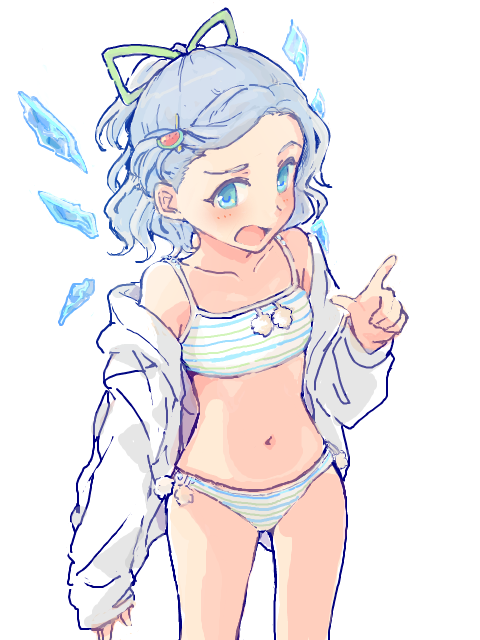 1girl alternate_costume alternate_hairstyle bangs_pinned_back bare_shoulders bikini blue_eyes blue_hair blush cirno collarbone cowboy_shot detached_wings food-themed_hair_ornament green_ribbon hair_behind_ear hair_ornament hair_ribbon hairclip half_updo hand_up hiramei ice ice_wings index_finger_raised jacket jaggy_lines long_sleeves looking_at_viewer navel oekaki off_shoulder open_clothes open_jacket open_mouth pale_color petite pom_pom_(clothes) puffy_long_sleeves puffy_sleeves raised_eyebrow ribbon short_hair simple_background sleeves_past_fingers sleeves_past_wrists solo spaghetti_strap standing stomach striped_bikini striped_clothes swimsuit tegaki thigh_gap touhou watermelon_hair_ornament white_background white_jacket wings