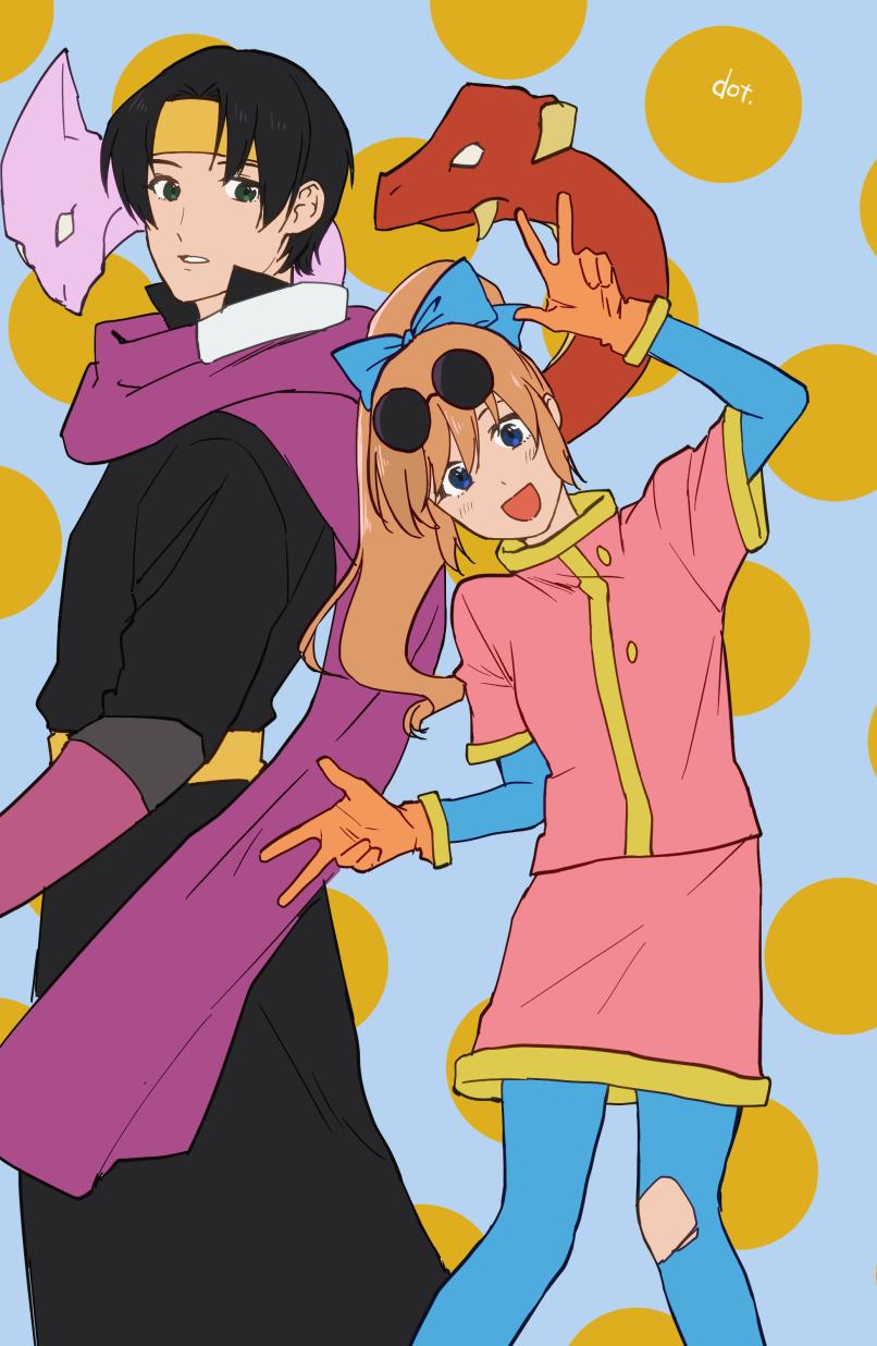 1boy 1girl ashton_anchors blue_eyes blush brown_hair cape double_v dragon gloves green_eyes headband highres long_hair looking_at_viewer mabca open_mouth pantyhose polka_dot polka_dot_background ponytail precis_neumann skirt smile star_ocean star_ocean_ex star_ocean_the_second_story v