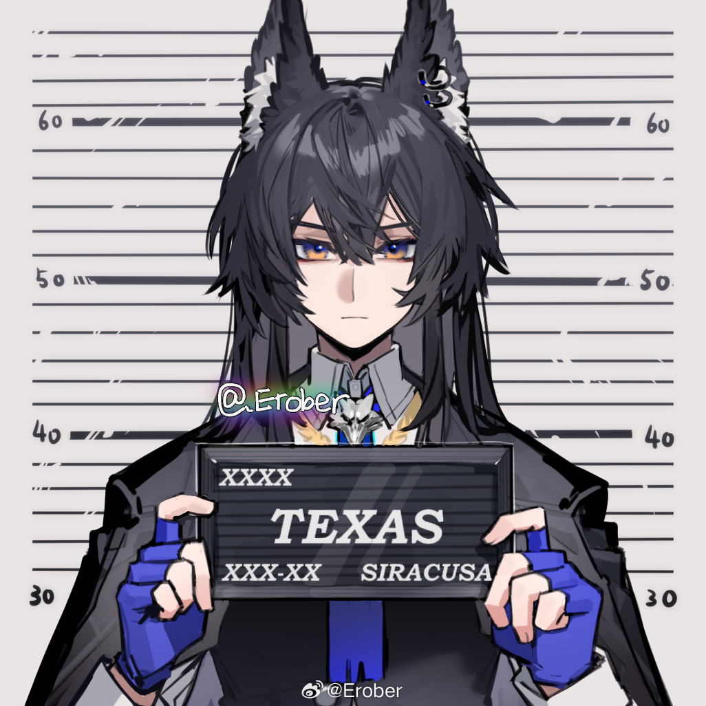 1girl animal_ear_fluff animal_ears arknights artist_name barbie_(franchise) barbie_(live_action) barbie_mugshot_(meme) black_coat black_hair black_vest blue_eyes blue_gloves blue_necktie character_name chinese_commentary closed_mouth coat coat_on_shoulders collared_shirt commentary_request erober fingerless_gloves gloves holding holding_sign long_hair looking_at_viewer meme mugshot multicolored_eyes necktie official_alternate_costume revision shirt sidelocks sign solo straight-on texas_(arknights) texas_the_omertosa_(arknights) twitter_username two-tone_eyes upper_body vest watermark weibo_watermark white_shirt wolf_ears wolf_girl yellow_eyes