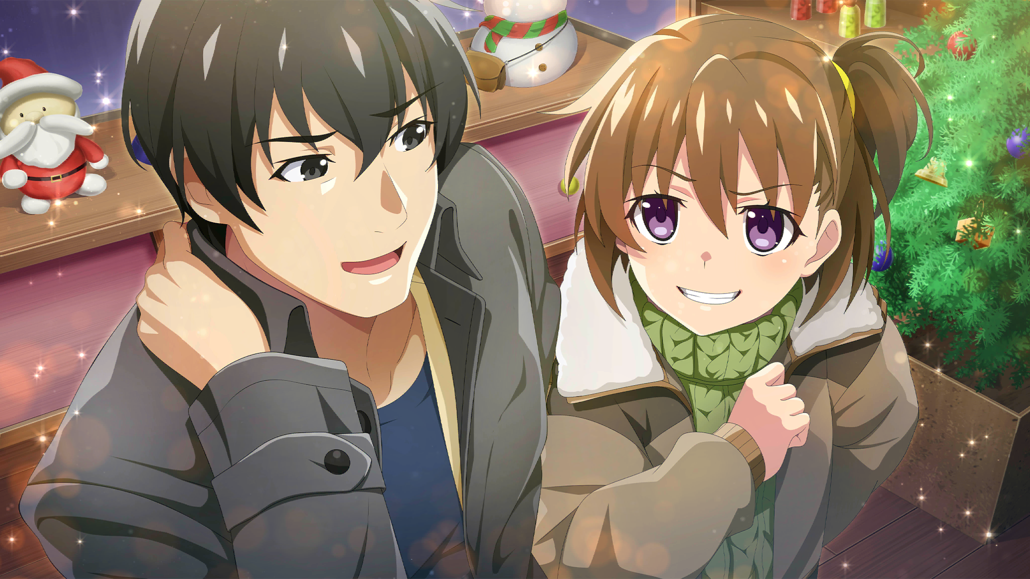 1boy 1girl akasaka_mamoru akasaka_miyuki black_eyes black_hair blue_shirt brown_coat brown_hair christmas christmas_tree coat elbowing eye_contact father_and_daughter from_above game_cg green_sweater grin hand_on_own_hip hand_on_own_neck highres higurashi_no_naku_koro_ni higurashi_no_naku_koro_ni_mei indoors lens_flare long_sleeves looking_at_another non-web_source official_art one_side_up open_mouth purple_eyes shirt short_hair smile snowman sparkle sweater teeth turtleneck turtleneck_sweater upper_body winter_clothes wooden_floor