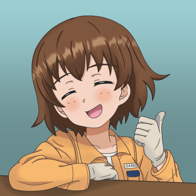 1girl brown_hair closed_eyes commentary elbow_rest freckles girls_und_panzer gloves grey_gloves jumpsuit kkonmulbeom_nyomy long_sleeves mechanic orange_jumpsuit solo thumbs_up tsuchiya_(girls_und_panzer) white_undershirt