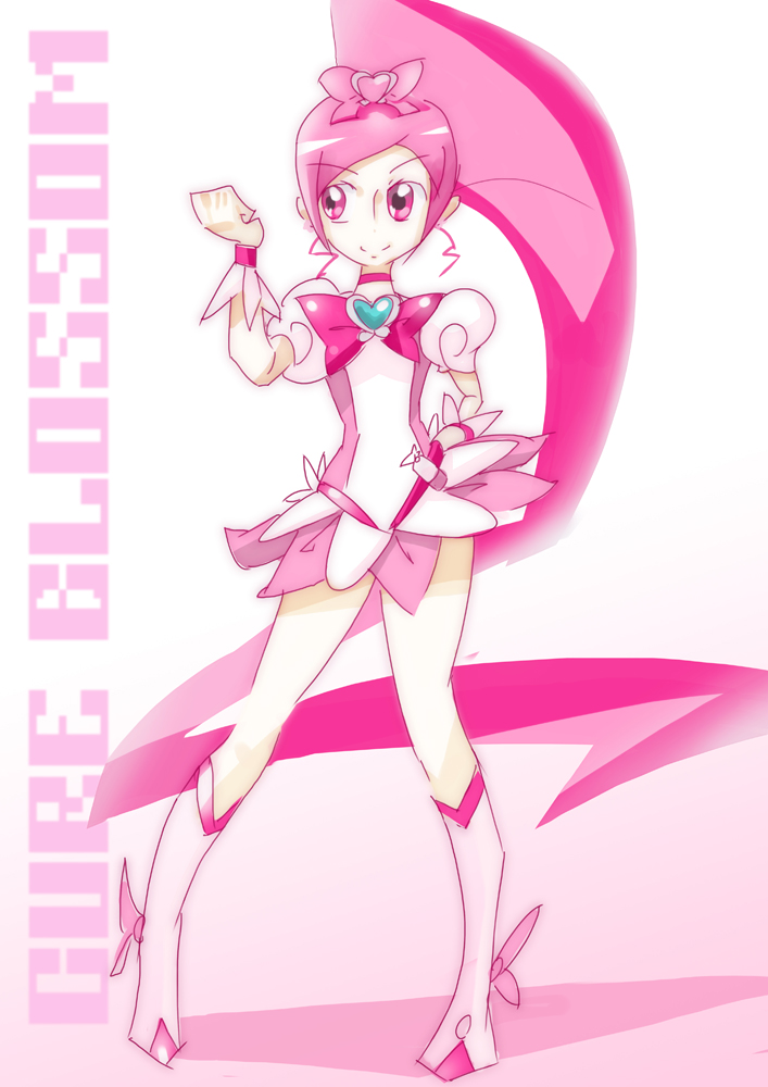 10s 1girl boots bow brooch character_name choker cure_blossom female_focus hanasaki_tsubomi heart heart_brooch heartcatch_precure! high_ponytail jewelry knee_boots long_hair magical_girl pink_eyes pink_hair pink_theme ponytail precure simonori skirt smile solo very_long_hair