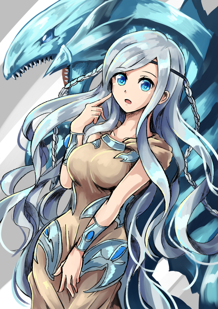 1girl black_headband blue-eyes_white_dragon blue_eyes brown_dress dashinoya dragon dress duel_monster headband long_hair looking_at_viewer maiden_with_eyes_of_blue open_mouth pointing pointing_at_self sidelocks very_long_hair yu-gi-oh!