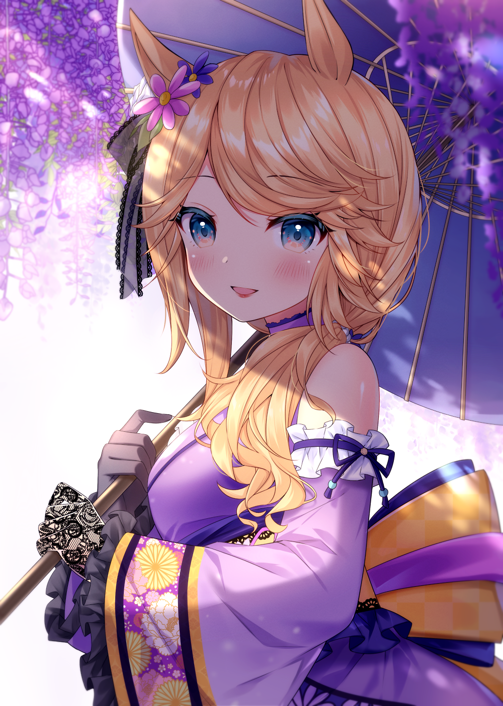 1girl :d animal_ears asymmetrical_gloves black_gloves blonde_hair blue_eyes blush breasts commentary_request detached_sleeves flower frilled_sleeves frills gloves gold_city_(akizakura_danzatrice)_(umamusume) gold_city_(umamusume) hair_flower hair_ornament haruhitooo highres holding holding_umbrella horse_ears japanese_clothes kimono long_hair long_sleeves looking_at_viewer medium_breasts mismatched_gloves oil-paper_umbrella open_mouth pink_flower purple_flower purple_kimono purple_sleeves purple_umbrella sleeveless sleeveless_kimono smile solo umamusume umbrella wide_sleeves wisteria