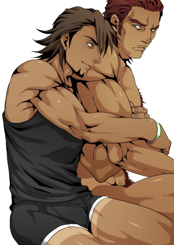 10s 2boys abs antonio_lopez arm_hug bara body_hair bracelet brown_eyes brown_hair bulge facial_hair goatee green_eyes jewelry kaburagi_t._kotetsu male_focus multiple_boys muscular naughty_face nude op_suzu pectorals red_hair smile smirk tan tanline tiger_&amp;_bunny underwear yaoi