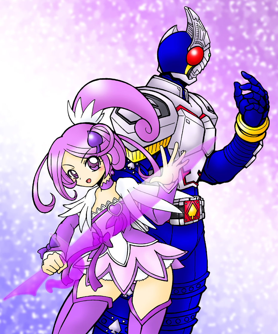 1boy 1girl armor blay_buckle brooch choker crossover cure_sword dokidoki!_precure earrings energy_sword full_armor hair_ornament harapekobijin heart heart_brooch high_ponytail jewelry kamen_rider kamen_rider_blade kamen_rider_blade_(series) kenzaki_kazuma kenzaki_makoto looking_to_the_side magical_girl ponytail precure purple_arm_warmers purple_choker purple_eyes purple_hair purple_skirt purple_theme red_eyes rider_belt skirt spade_(shape) spade_earrings spade_hair_ornament standing sword weapon