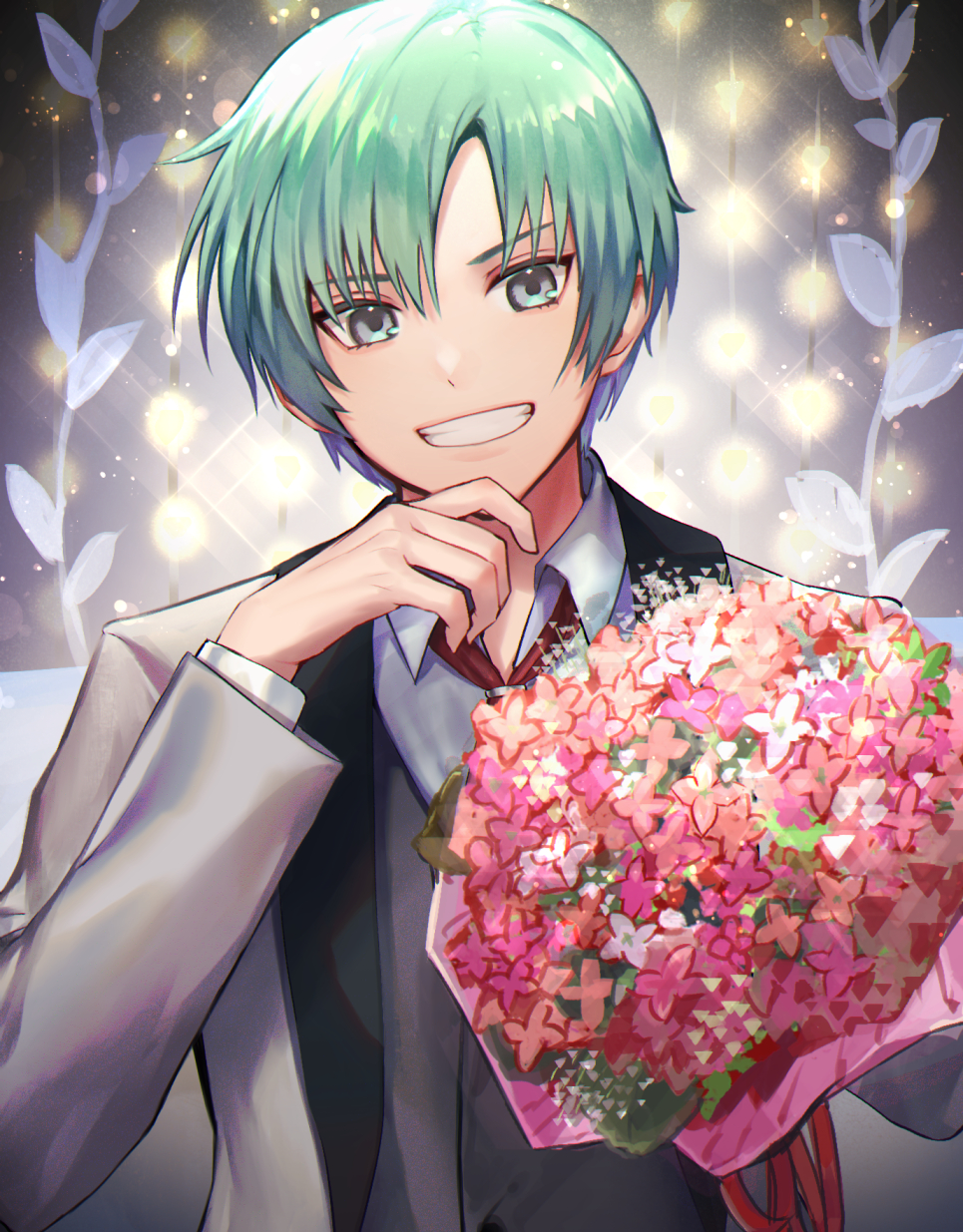 1boy bouquet commentary_request flower formal_clothes green_hair grey_eyes highres holding holding_bouquet male_focus necktie penguu_(green528) shirt smile solo spada_belforma suit tales_of_(series) tales_of_innocence white_suit