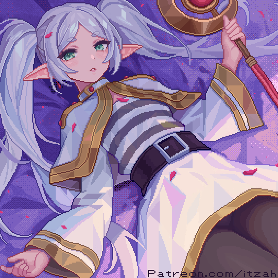 4girls belt elf flat_chest frieren gen_8_pokemon green_eyes holding holding_staff itzah looking_at_viewer lying multiple_girls on_back pantyhose parted_lips pointy_ears shirt solo sousou_no_frieren staff striped_clothes twintails white_background white_hair white_shirt