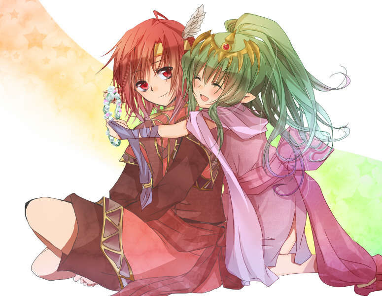 1boy 1girl bare_legs european_clothes fire_emblem fire_emblem:_mystery_of_the_emblem fire_emblem:_shadow_dragon green_hair hair_ornament hair_ribbon headband hetero hug kitakazepanda nintendo pointy_ears ribbon smile tiara tiki_(fire_emblem) tiki_(young)_(fire_emblem) xane_(fire_emblem)