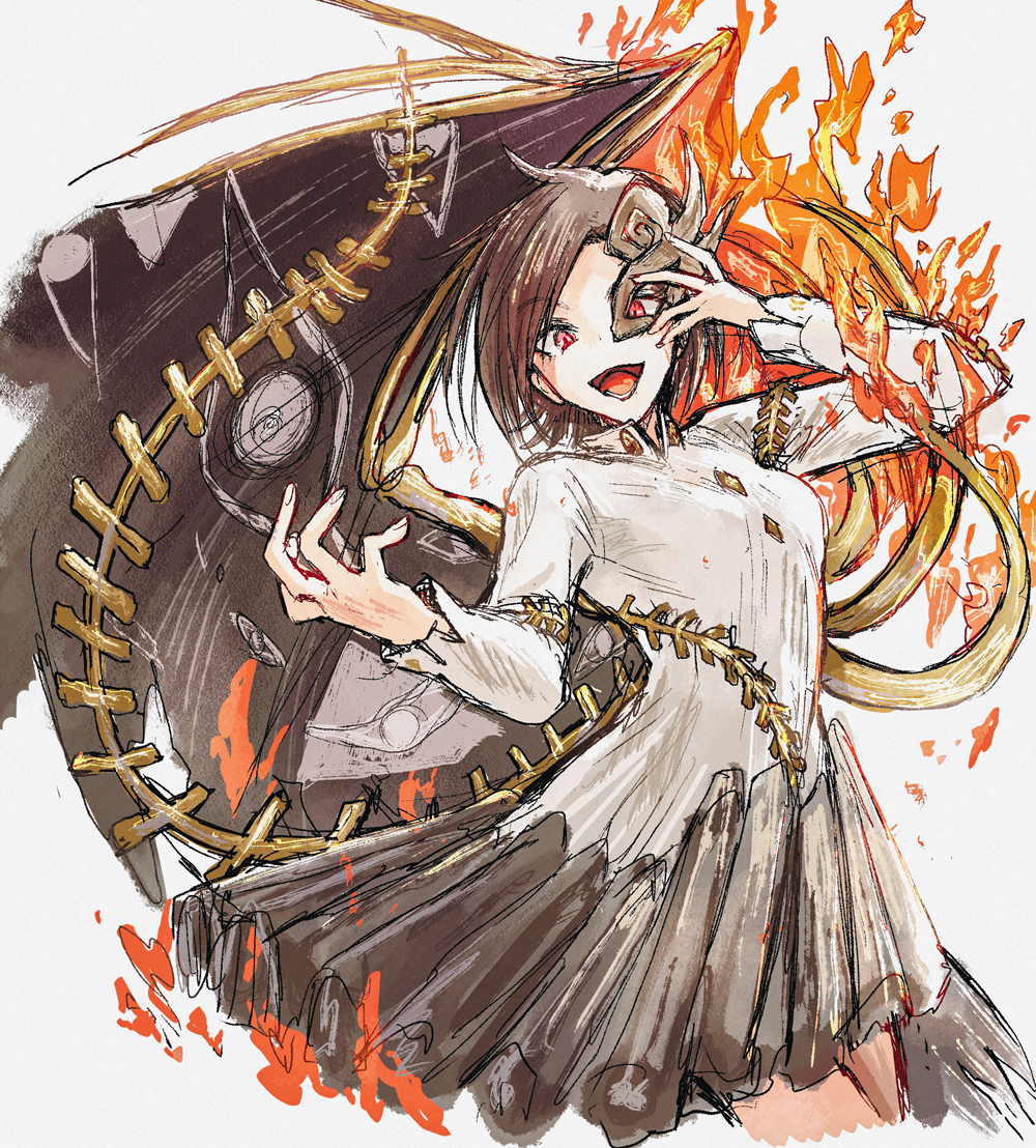 1girl arm_up black_skirt brown_hair buttons commentary_request cropped_legs diamond_button fingernails fire grey_background hisona_(suaritesumi) iwanaga_ariya long_sleeves looking_at_viewer magic open_mouth pleated_skirt pyrokinesis red_eyes shirt short_hair simple_background skirt solo standing touhou white_shirt