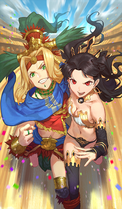 2girls aztec bikini black_bow black_hair black_sleeves black_thighhighs blonde_hair blue_capelet blue_sky bow breasts cancer_(zjcconan) capelet chin_piercing cleavage cloud commentary confetti curtained_hair day detached_sleeves determined earrings face_piercing fate/grand_order fate_(series) foot_out_of_frame gold gold_choker gold_earrings gold_trim green_eyes groin hair_bow headband ishtar_(fate) jewelry long_hair looking_at_viewer medium_breasts midriff motion_blur multiple_girls navel necklace nero_matsuri official_art open_mouth outdoors pelvic_curtain piercing quetzalcoatl_(fate) red_eyes red_headband red_shirt ring running sharp_teeth shirt sidelocks single_thighhigh sky smile sunlight swimsuit teeth thighhighs third-party_source three-legged_race two_side_up v-shaped_eyebrows