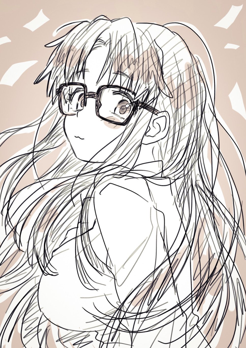 1girl :3 black-framed_eyewear blush_stickers breasts commentary glasses highres limited_palette long_hair looking_at_viewer looking_back marrontorisu medium_breasts messy_hair parted_bangs read_or_die rectangular_eyewear shirt simple_background sketch solo upper_body yomiko_readman