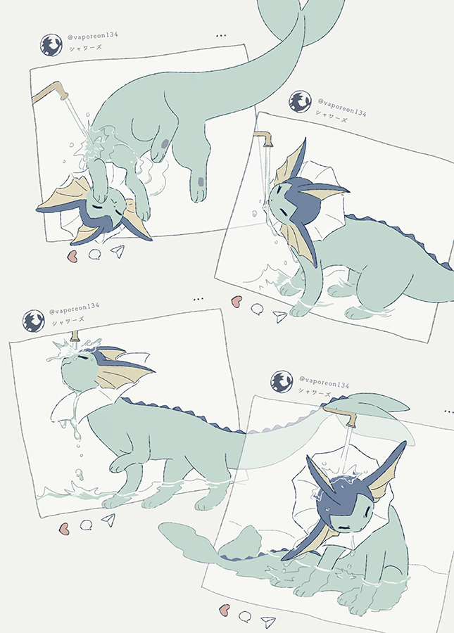 blue_skin colored_skin fake_screenshot faucet gen_1_pokemon lying multiple_views nintendo no_humans on_side pokemon pokemon_(creature) translation_request vaporeon water yurano_(upao)