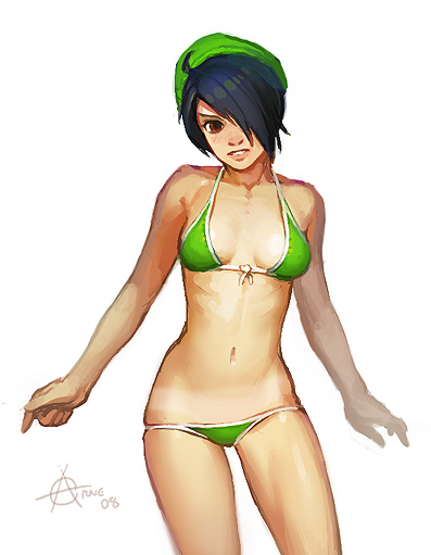 00s 1girl 2008 arne_(android_arts) bikini black_hair breasts brown_eyes cowboy_shot female_focus front-tie_bikini_top front-tie_top green_bikini hair_over_one_eye lips looking_at_viewer navel noitu_love_2 parted_lips rev_lover short_hair signature sketch small_breasts solo swimsuit