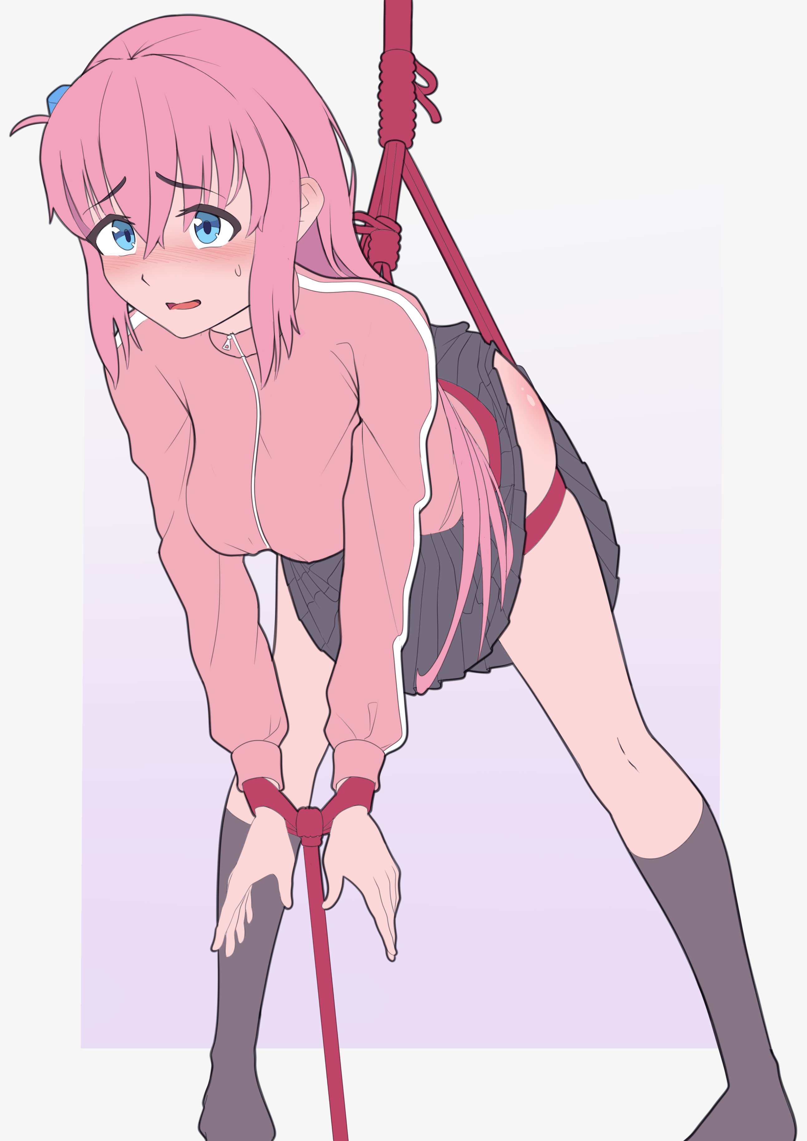 absurdres bdsm bent_over blue_eyes blush bocchi_the_rock! body_blush bondage border bound bound_wrists breasts cube_hair_ornament ear_blush eyes_visible_through_hair gotoh_hitori gradient_background hair_between_eyes hair_ornament highres large_breasts lattetrouble legs_apart long_hair looking_ahead no_shoes open_mouth outline pigeon-toed pink_hair pleated_skirt purple_background shibari shibari_over_clothes sidelocks simple_background skindentation skirt small_sweatdrop socks suspension track_suit white_background wrists_tied_together zipper