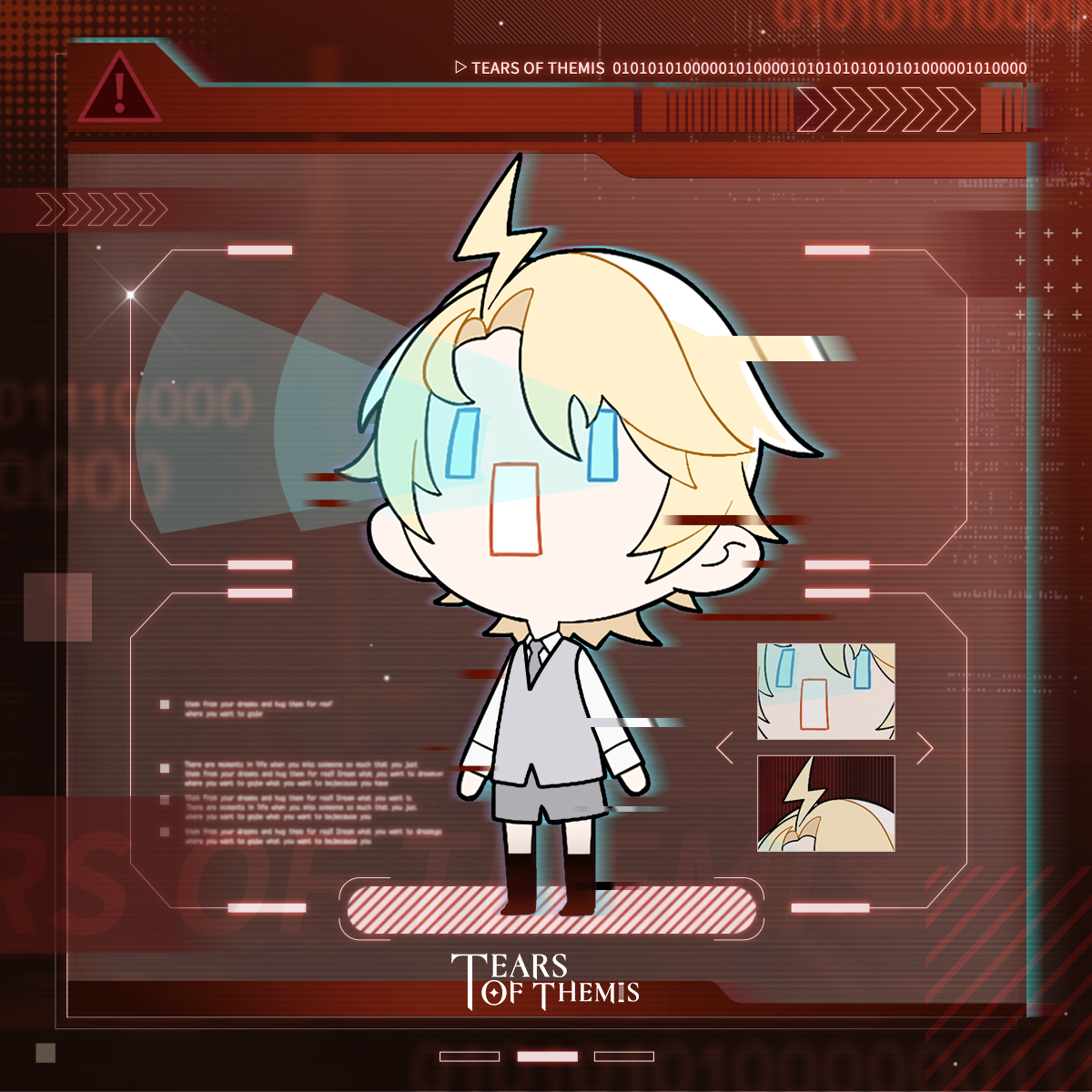 1boy april_fools black_socks blonde_hair blue_eyes chibi collared_shirt commentary copyright_name davis_(tears_of_themis) english_commentary full_body glowing glowing_eyes grey_shorts grey_vest highres long_sleeves male_focus official_art open_mouth shirt short_hair shorts socks solo standing tears_of_themis vest white_shirt