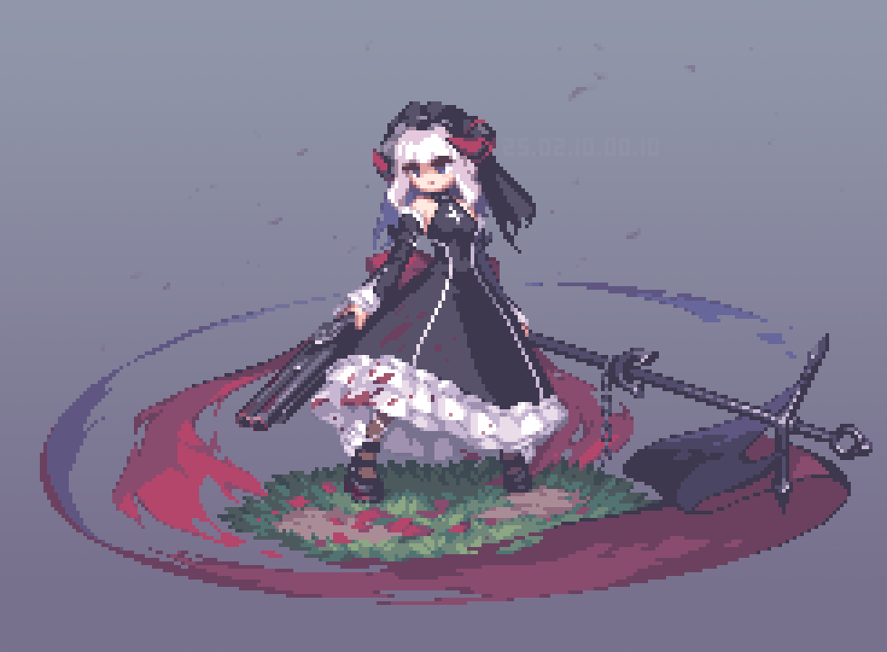 1girl asicah banner bare_shoulders battle_standard black_dress black_shoes breasts brown_pantyhose censored dated double-barreled_shotgun dress full_body grey_background gun holding holding_gun holding_pole holding_weapon horns mosaic_censoring original pantyhose pixel_art pole shoes short_hair shotgun small_breasts solo standing veil war_banner watermark weapon white_hair